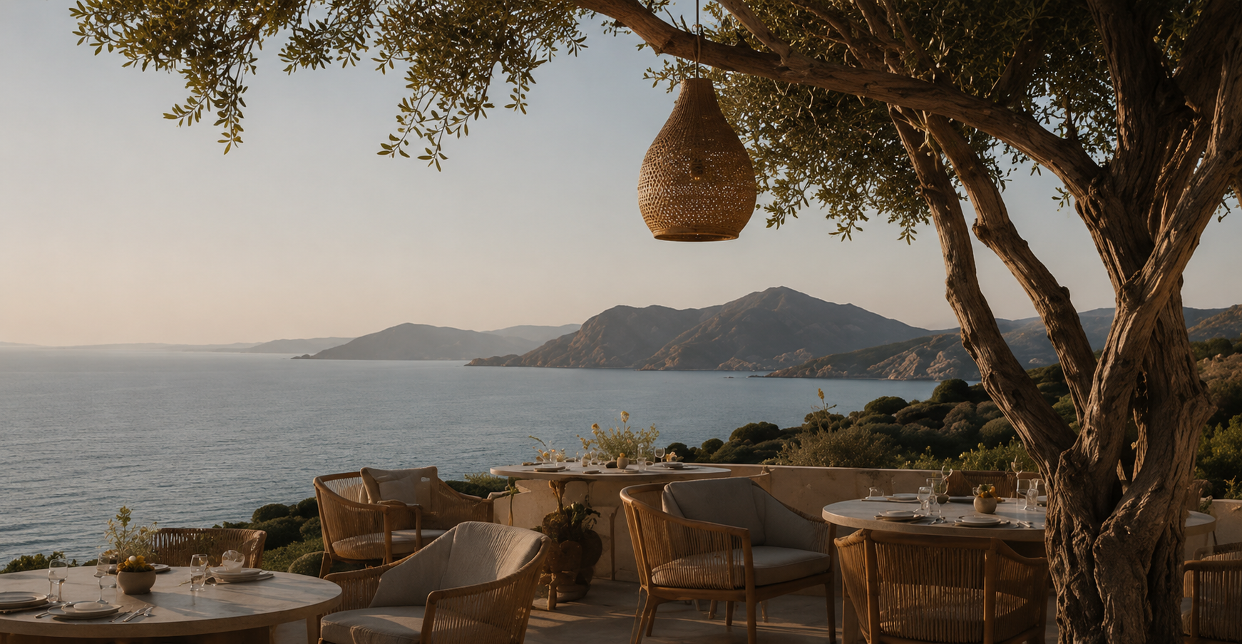 Coastal terrace dining at golden hour with sea and mountain view